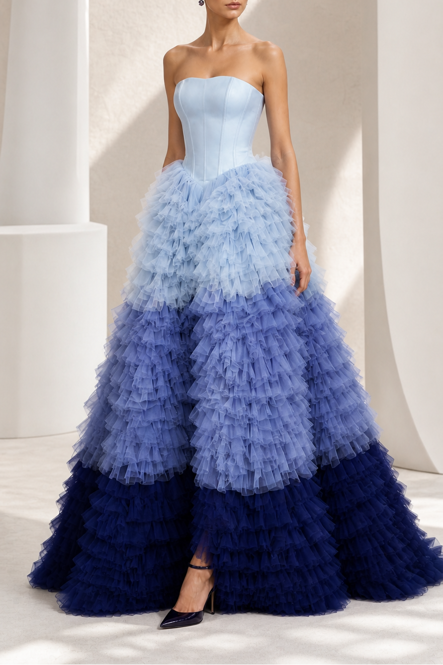 Blue Ombré Ruffle Ball Gown