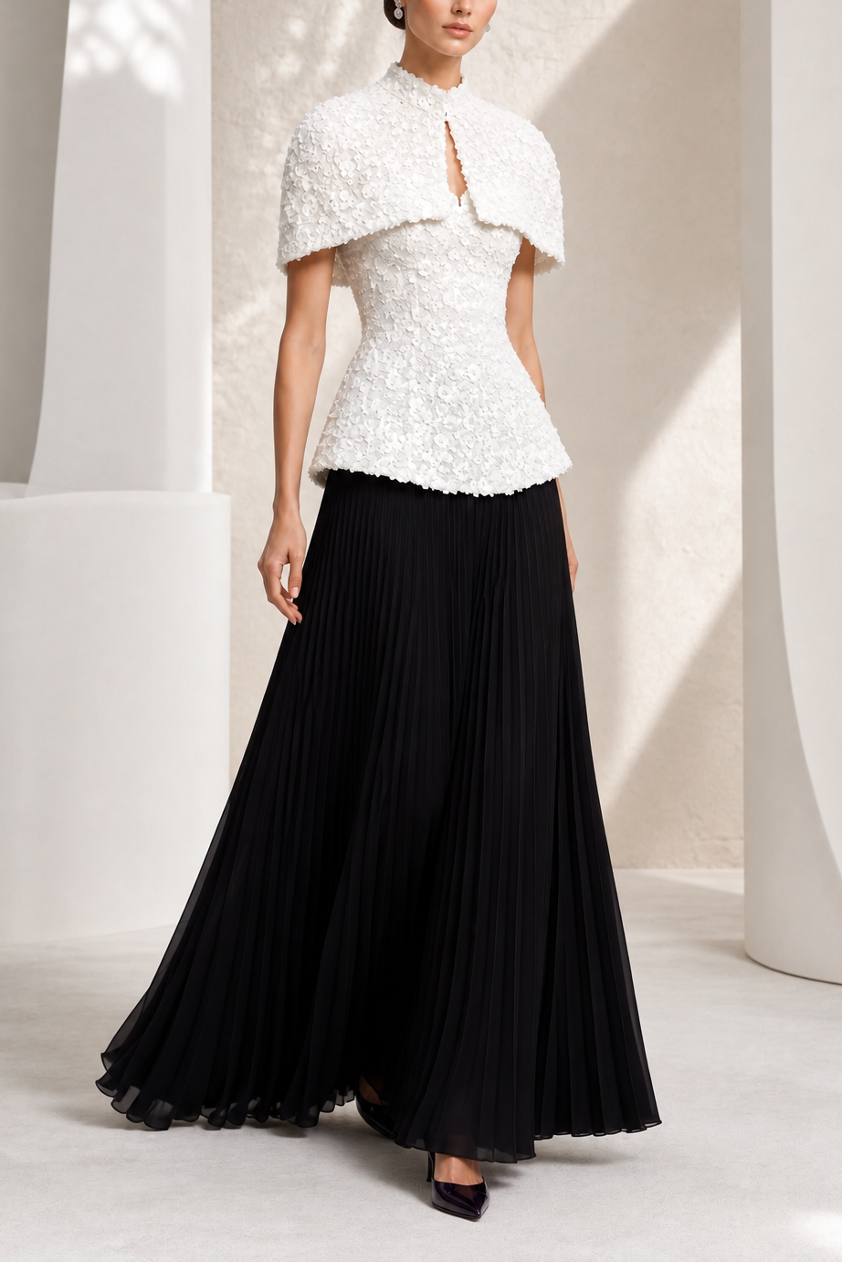 Ivory Floral-Sequin Capelet Two-Piece