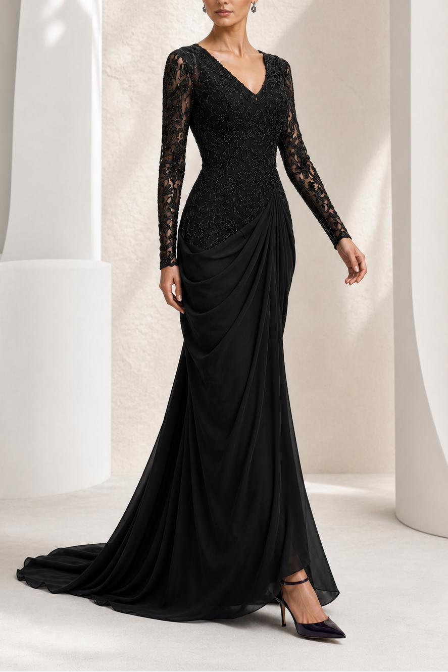 Black Beaded Lace Draped Mermaid Gown